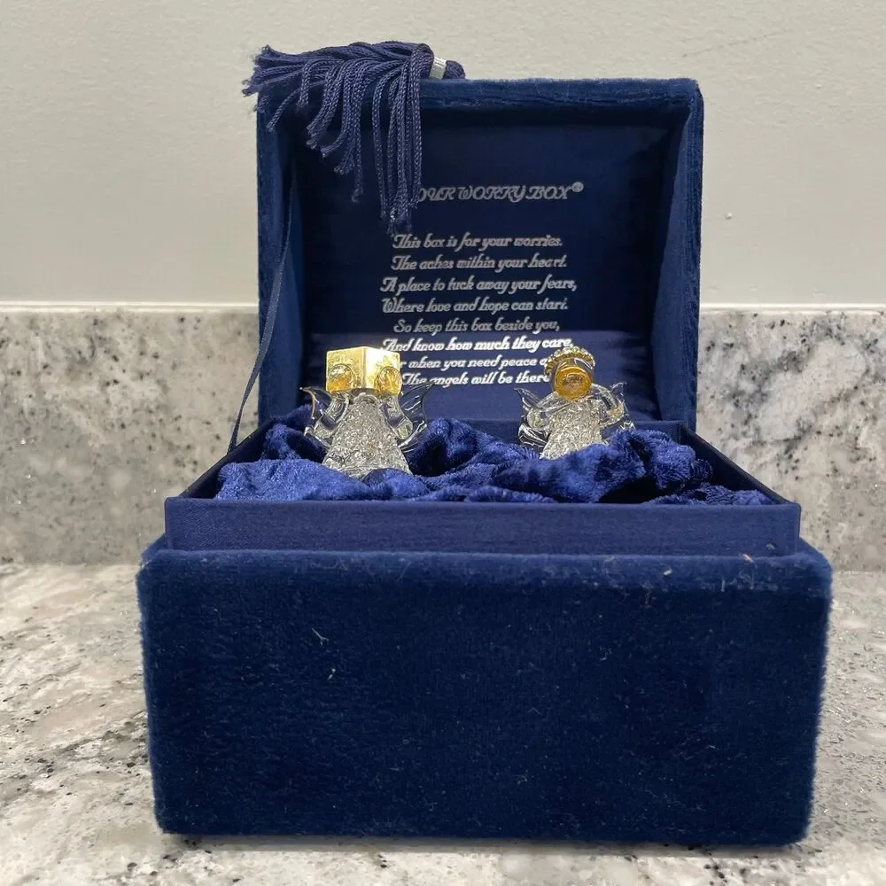 Vtg Hand Spun Glass Angels 18K Gold Swarovski Crystal Blue Velvet Music Box